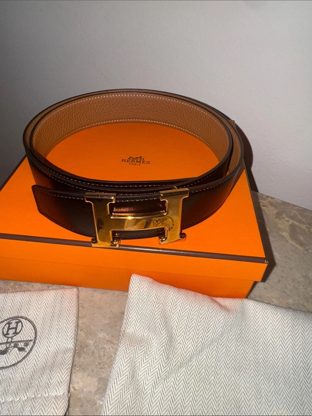Hermes Black and Brown Reversible Leather Belt with H Buckle